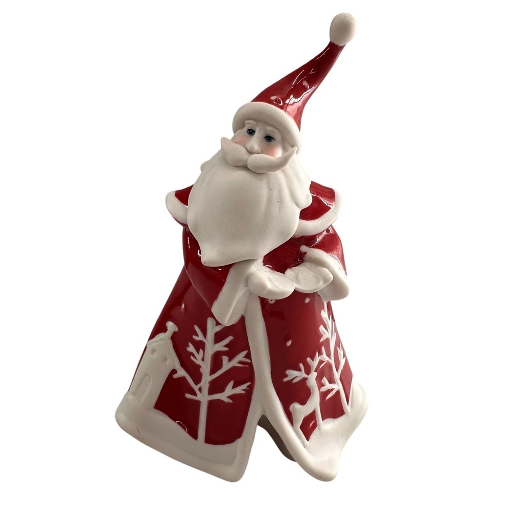 Ceramic‎ Santa Claus Figurine White Reindeer Trees Design Red & White Christmas